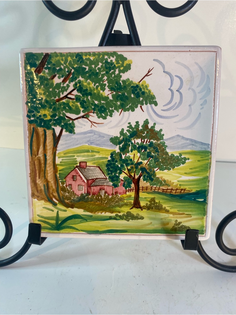 Vintage Italian Hand Painted Country Side Wall Plate Signed 6.25” Square
